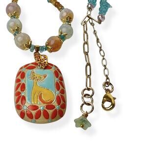 Artisan Golem Design Pendant Necklace Ceramic Cat Blue Bead Chain Gold Tone